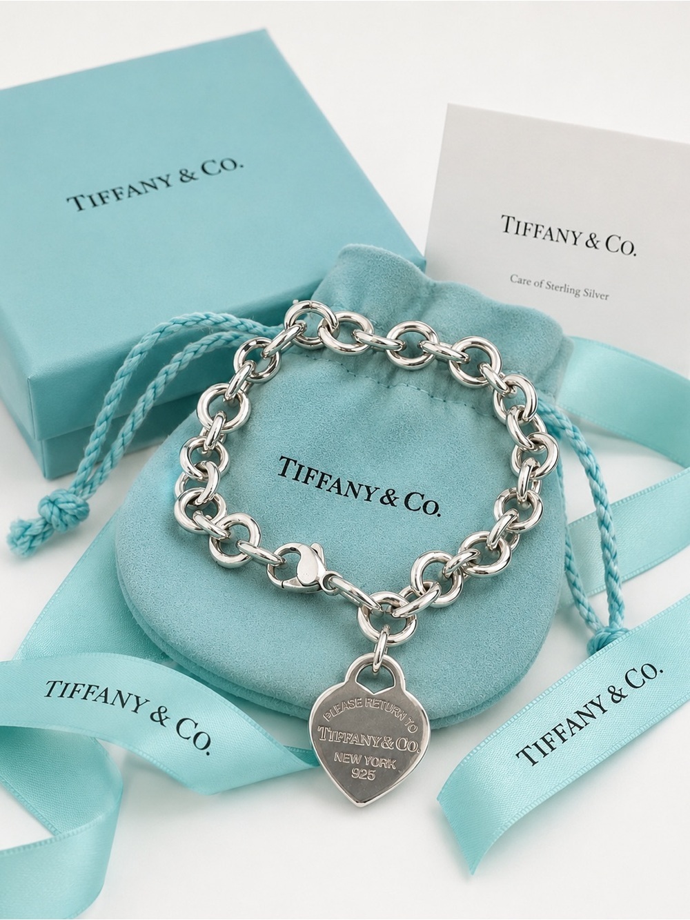 Authentic Tiffany & Co. Return to Tiffany Heart Tag Charm Bracelet Silver 7.5